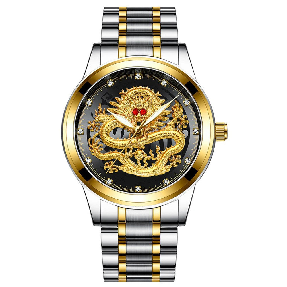 POSHI-reloj de cuarzo de acero inoxidable para hombre, cronógrafo de lujo con diseño Original de dragón dorado, resistente al agua