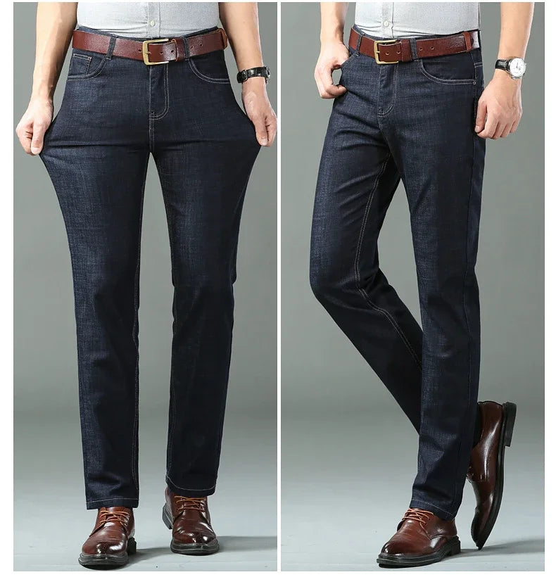 Nuevos pantalones vaqueros finos de seda de hielo para hombres, pantalones de algodón elásticos rectos azules, pantalones ligeros informales de negocios para primavera y verano