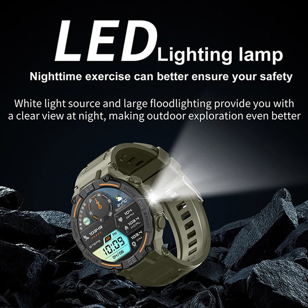 Reloj inteligente militar para hombre, dispositivo con pantalla HD de 360x360, linterna, control de la salud, resistente al agua, control del ritmo cardÃaco, llamadas BT, para Android e IOS