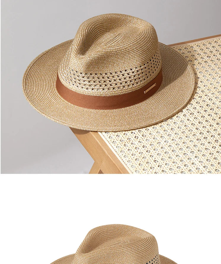 Sombrero de paja de Jazz Panamá de talla grande de 60cm para hombre y mujer, sombrero de sol con agujero para protección solar para exteriores, sombrero de playa de ala ancha para verano para hombre