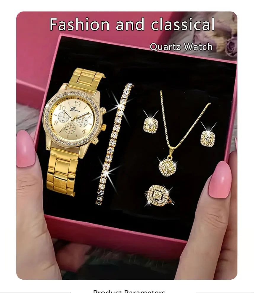 Juego de 5 piezas de reloj de oro para mujer, anillo de lujo, collar, pendientes, diamantes de imitación, reloj de pulsera de moda, relojes casuales para mujer, conjunto de pulsera