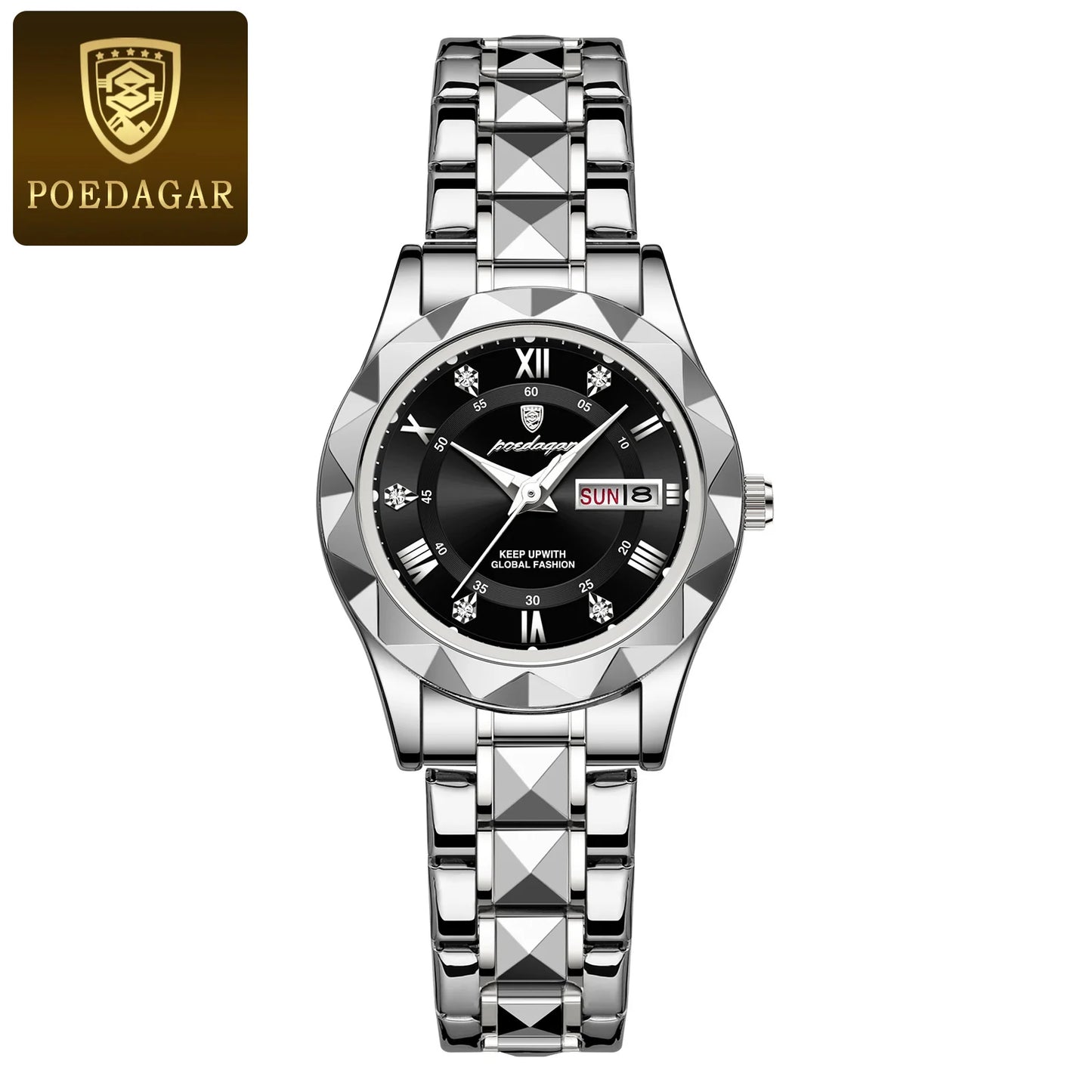 POEDAGAR, reloj de lujo para mujer, luminoso, resistente al agua, con fecha semanal, reloj de pulsera para mujer, relojes de cuarzo de acero inoxidable para mujer, reloj + caja