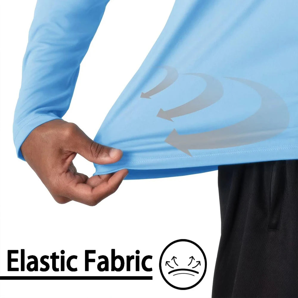 Camiseta con protección solar UV UPF50 + para hombre, camisetas de secado rápido con cuello redondo y manga larga de Color sólido para senderismo al aire libre y pesca