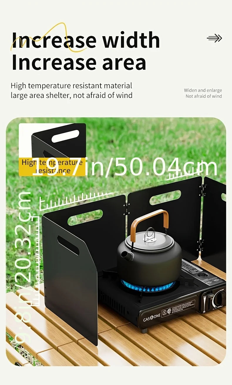 Parabrisas plegable portátil para estufa de acampada, protección contra el viento de metal rectangular de 4 lados, acabado recubierto de polvo