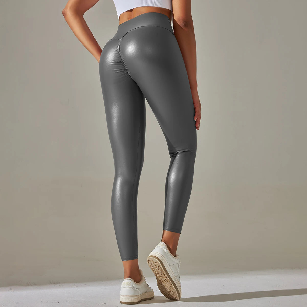 Leggings de cuero PU para mujer, mallas sexys con fruncido en la parte de atrás, pantalones de piel sintética para niñas, mallas informales Push Up de cintura alta, 6 colores