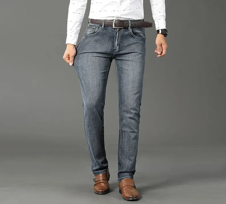 Wthinlee, nuevos pantalones vaqueros de negocios para hombres, pantalones vaqueros informales rectos elásticos a la moda, pantalones vaqueros clásicos azules y negros para trabajo, ropa de marca masculina