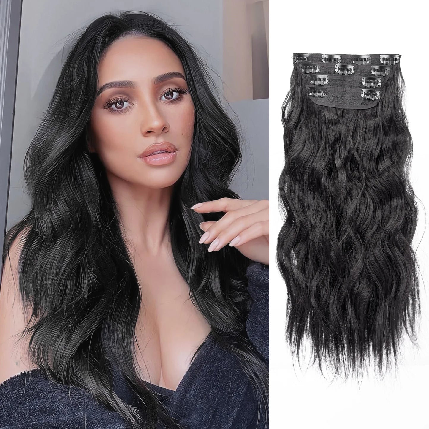 4 unids/set 20 pulgadas Clip de pelo sintético en postizos gruesos y largos ondulados para mujeres extensiones de cabello sintético de cabeza completa postizos ombré