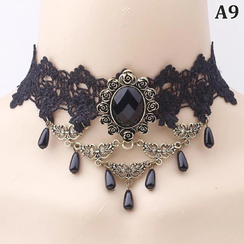 Nuevas gargantillas góticas sexis, gargantilla de cuello de encaje negro de cristal, collar Vintage victoriano para mujer, joyerÃa Steampunk