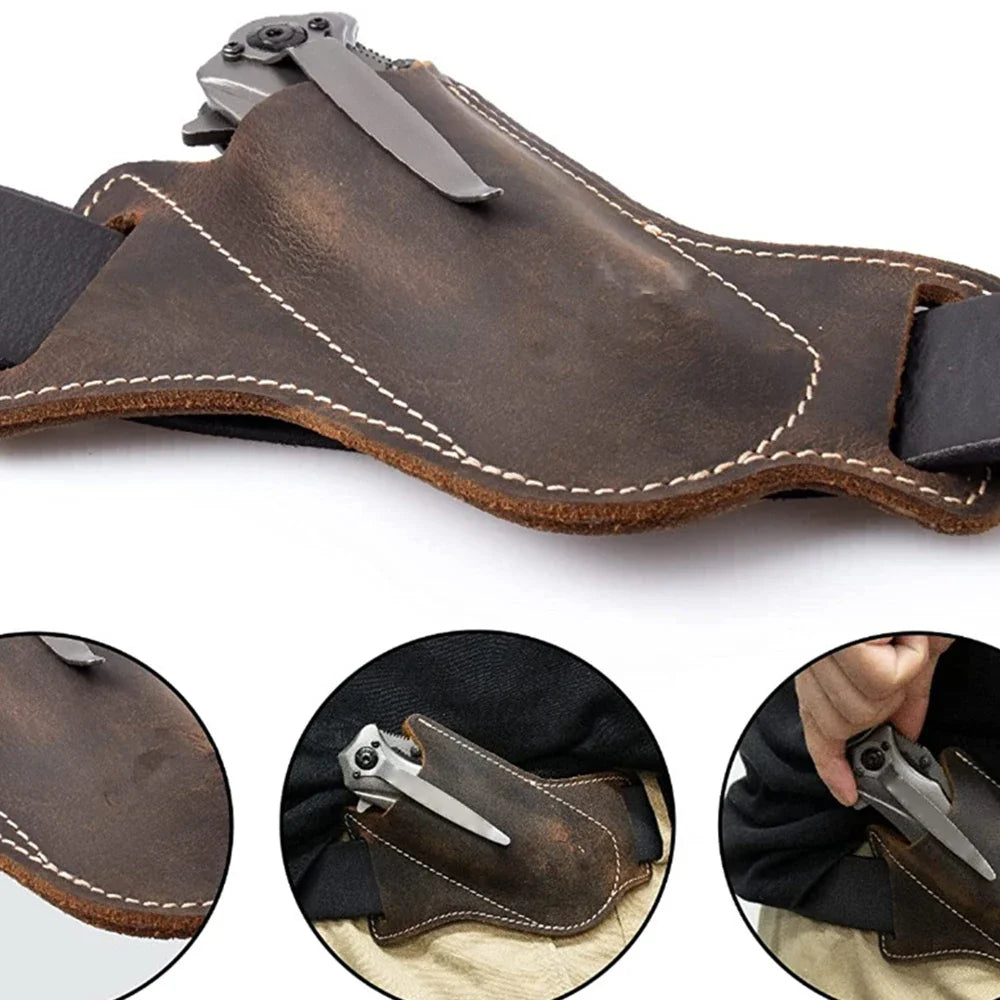 Funda de bolsillo para caza, funda de cuero con soporte para cinturón, funda para linterna, herramienta para cuchillo plegable, transporte para campamento al aire libre