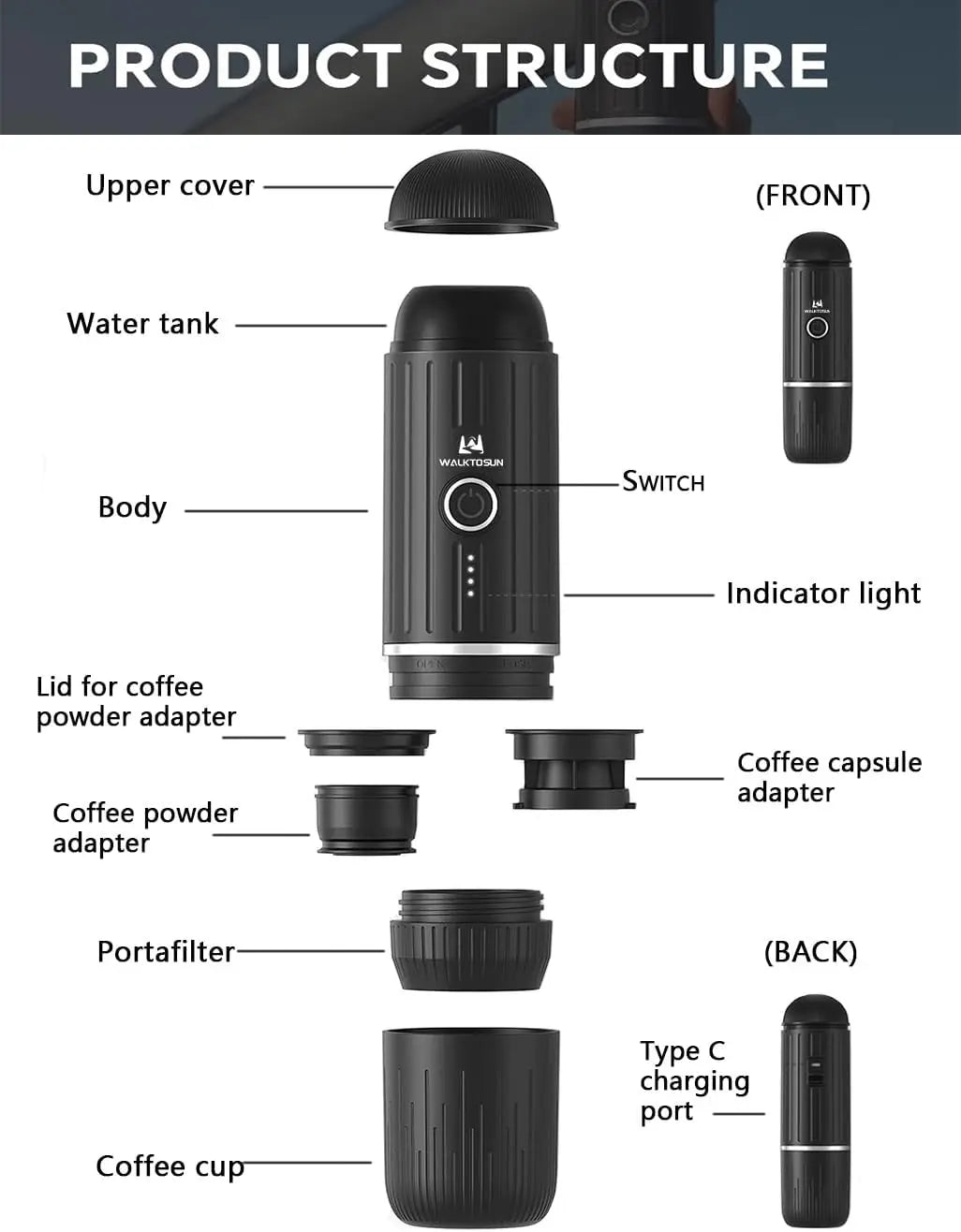 Cafetera Espresso portátil, cafetera eléctrica con autocalentamiento, alimentada por batería, presión de 19 Bar, cafetera con suelo