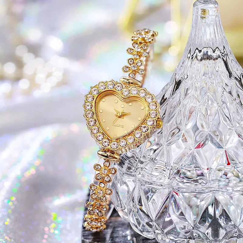 Conjunto de 2 uds de relojes para mujer, pulsera de lujo con diamantes de imitación, relojes de pulsera de cuarzo con esfera de corazón para mujer, reloj de vestir, reloj para mujer (sin caja)