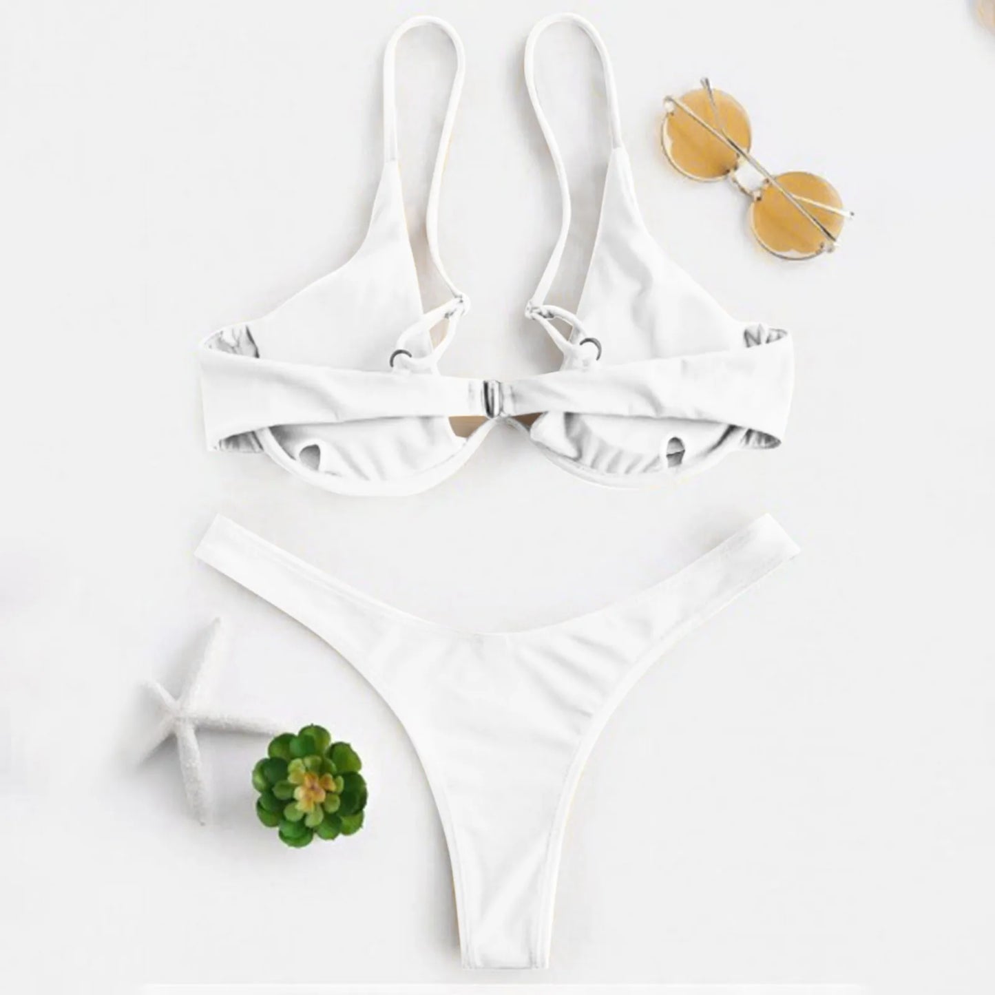 Bikini Sexy con aros para Mujer, traje de baño rojo liso con sujetador de realce, Tanga, traje de baño con cuello Halter y cuello de pico, Mini microtanga 2024