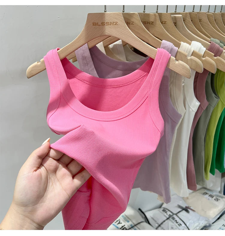Zjaiss, camiseta sin mangas acanalada con cuello redondo liso para mujer, camisola para mujer, camiseta sin mangas elástica básica de verano 2025, camiseta sin mangas sólida con cuello redondo