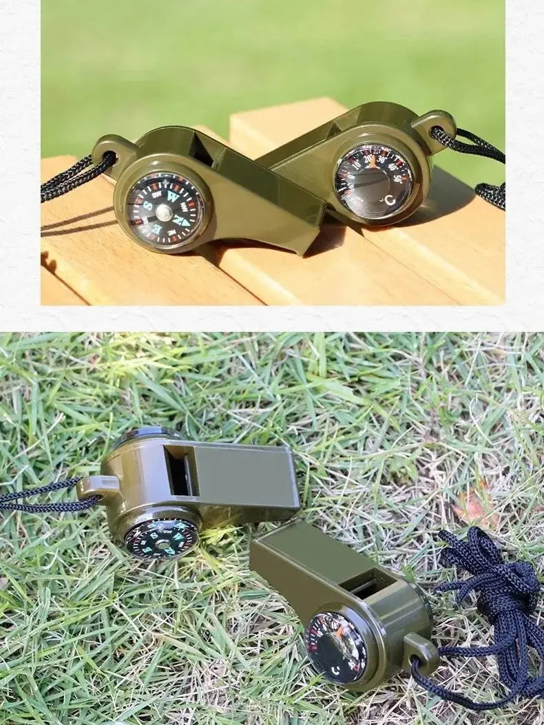 Silbato de supervivencia de emergencia 3 en 1 para acampar, senderismo, con brújula, termómetro, silbato para exteriores, herramientas para acampar, Color verde militar