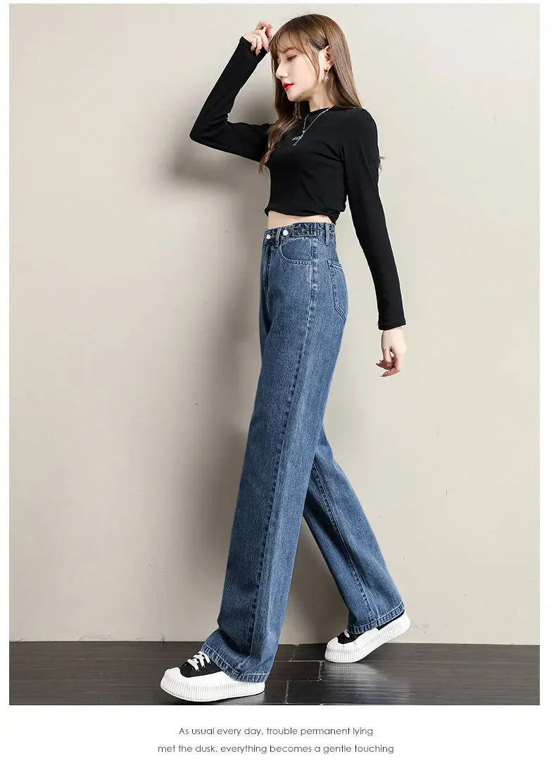 Pantalones vaqueros sueltos para mujer, diseño de cintura alta, entrepierna recta ajustable, pantalones de estilo Retro, tela de algodón, estilo informal cómodo