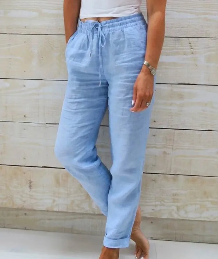 Pantalones de verano de lino y algodón para mujer, pantalones informales elásticos de cintura alta, ropa de calle lisa para mujer, pantalones pitillo holgados 2024