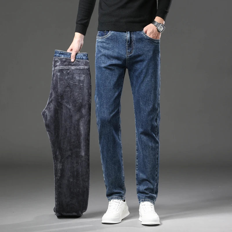 Pantalones vaqueros gruesos y cálidos de lana de invierno para hombre, pantalones vaqueros elásticos rectos ajustados, ropa informal para hombre, pantalones de felpa a la moda