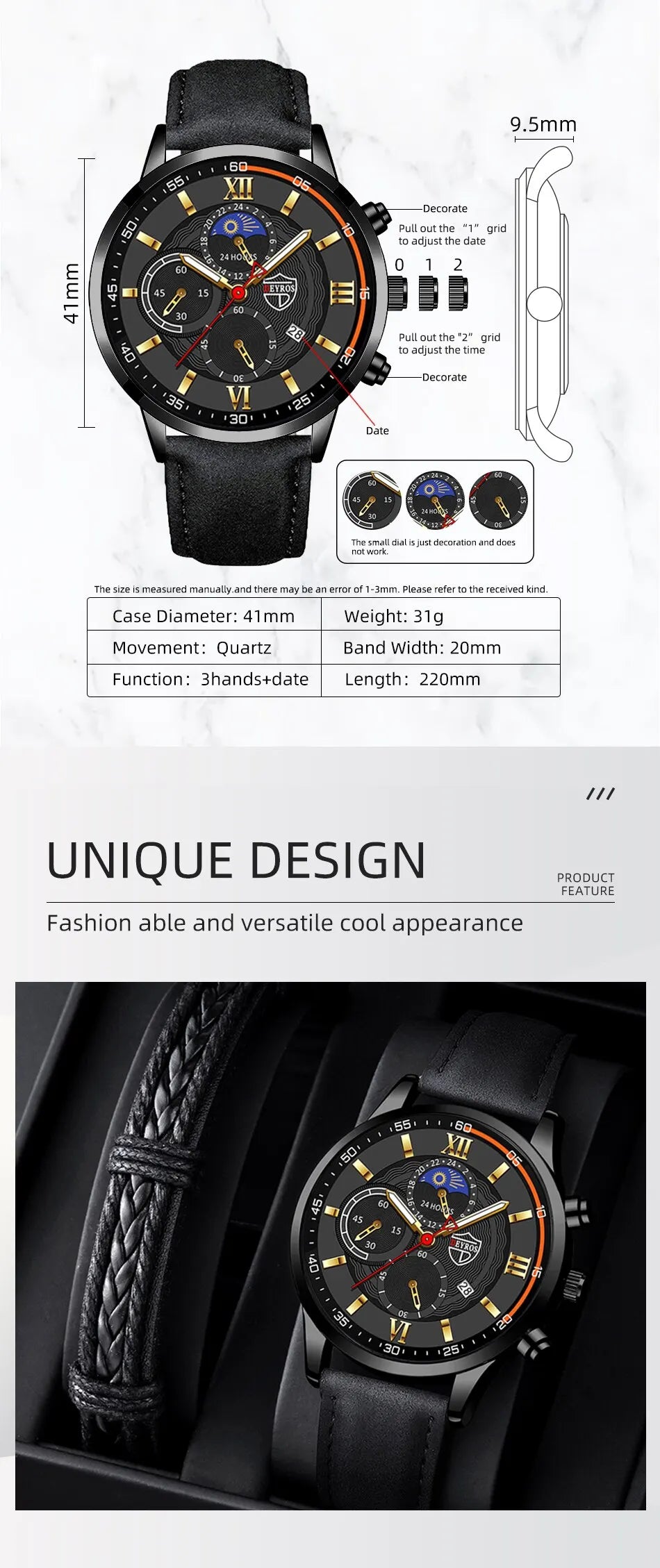 Conjunto de 2 piezas de relojes deportivos de moda para hombre, pulsera de cuero de negocios, reloj de cuarzo informal para hombre, reloj luminoso de lujo para hombre