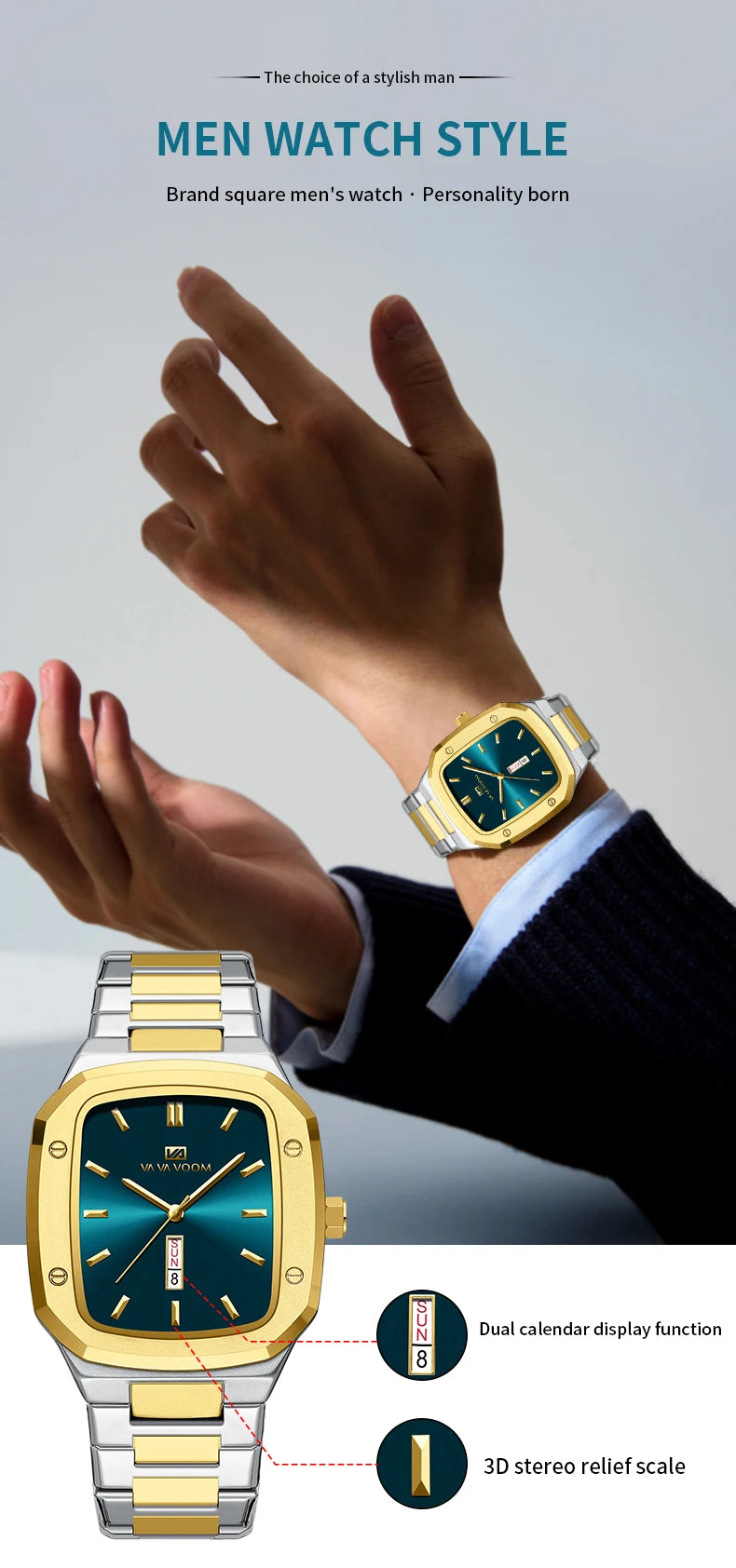 2024 nuevo reloj para hombre, correa cuadrada de acero inoxidable a la moda, oro azul, 3Bar, calendario semanal de cuarzo, reloj de pulsera deportivo de negocios simulado