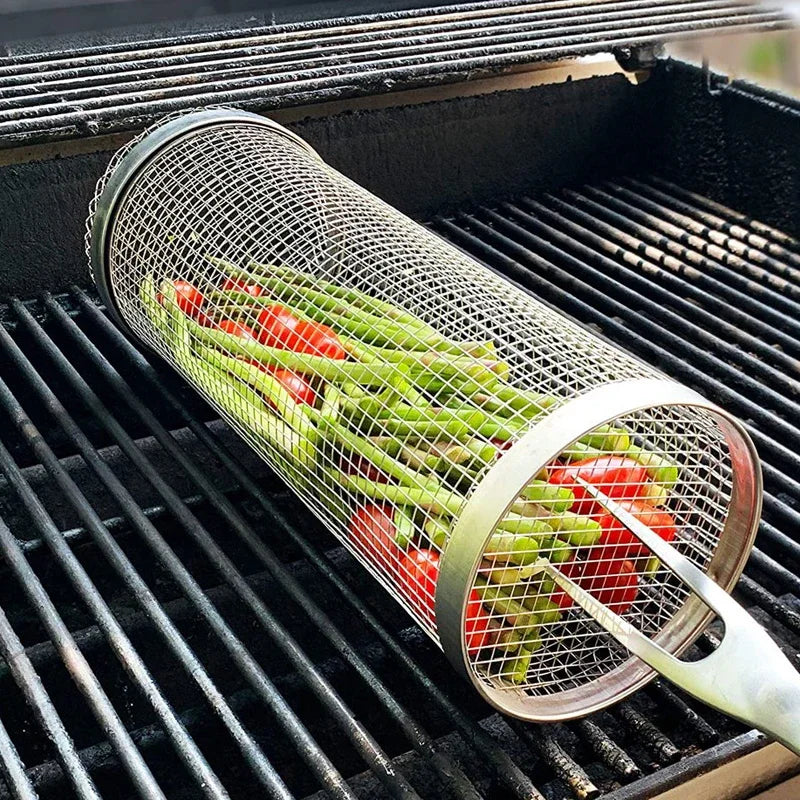 Cesta para parrilla de barbacoa, cesta rodante para asar, jaulas para barbacoa, parrilla cilÃndrica, cestas para asar para acampar al aire libre