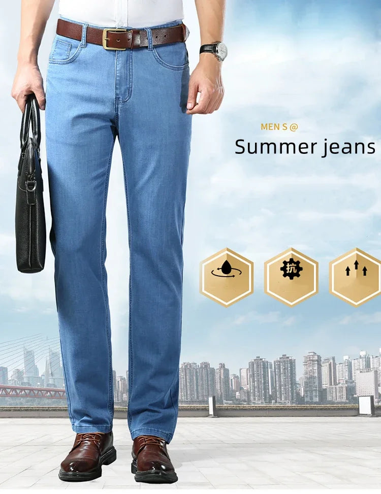 Nuevos pantalones vaqueros finos de seda de hielo para hombres, pantalones de algodón elásticos rectos azules, pantalones ligeros informales de negocios para primavera y verano