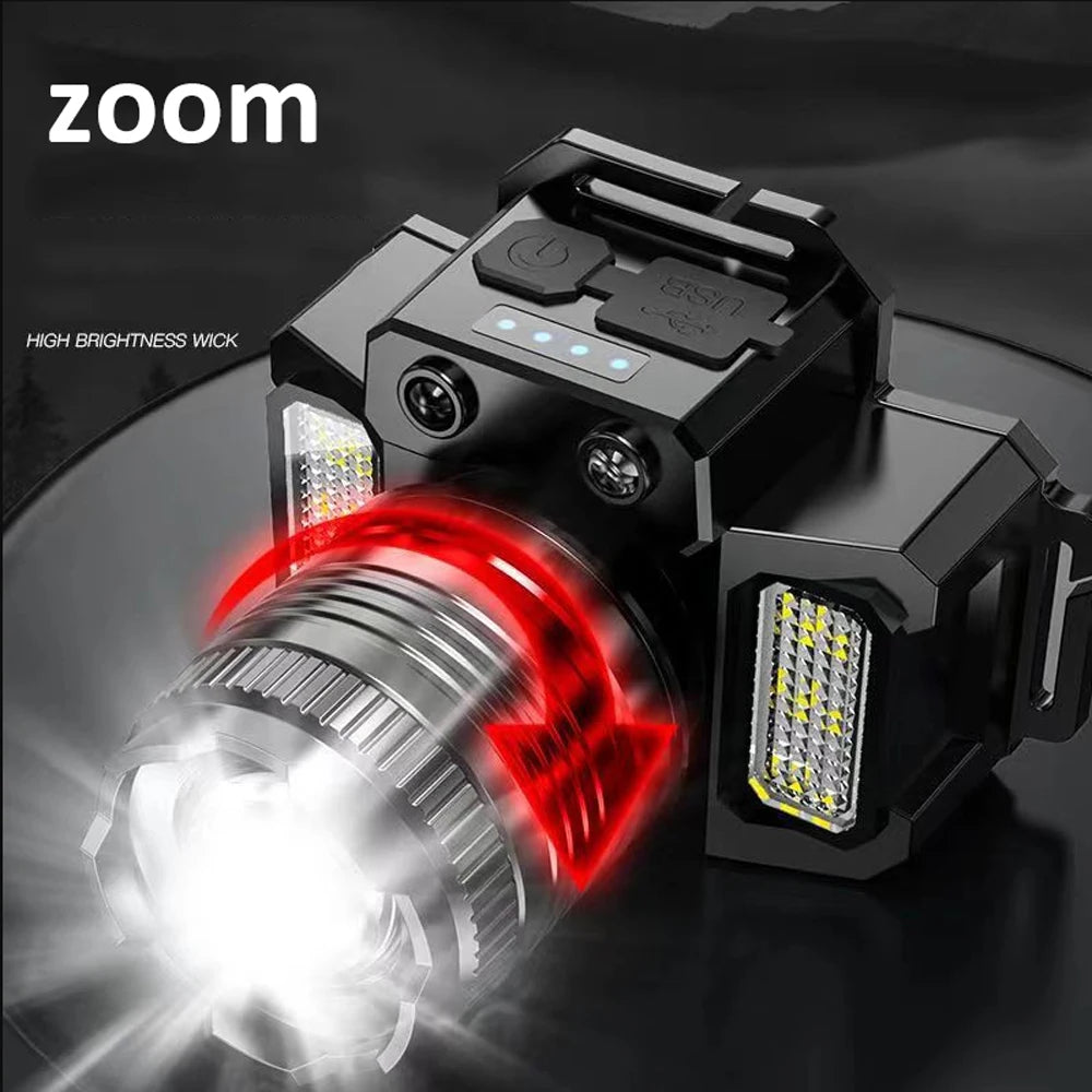 Nuevo Linterna frontal recargable por USB, linterna superbrillante, luz LED de inducción, resistente al agua, para acampar, móvil, intermitente