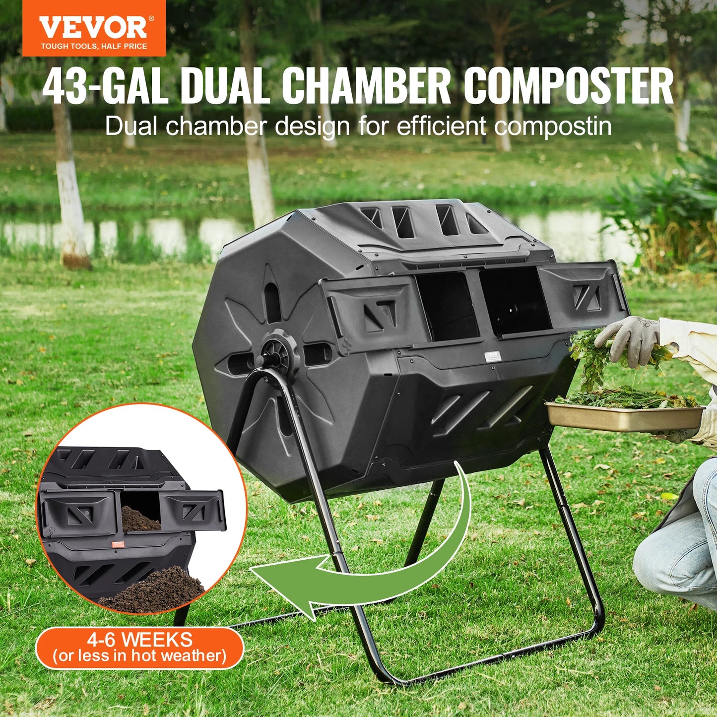 VEVOR Compostador Giratorio de Jardín 162,7 L Contenedor de Abono Giratorio de 360° Doble Cámara de PP Sin BPA Carga 50 kg para Compostaje de Residuos Orgánicos Cocina Jardinero Terraza Patio Exterior