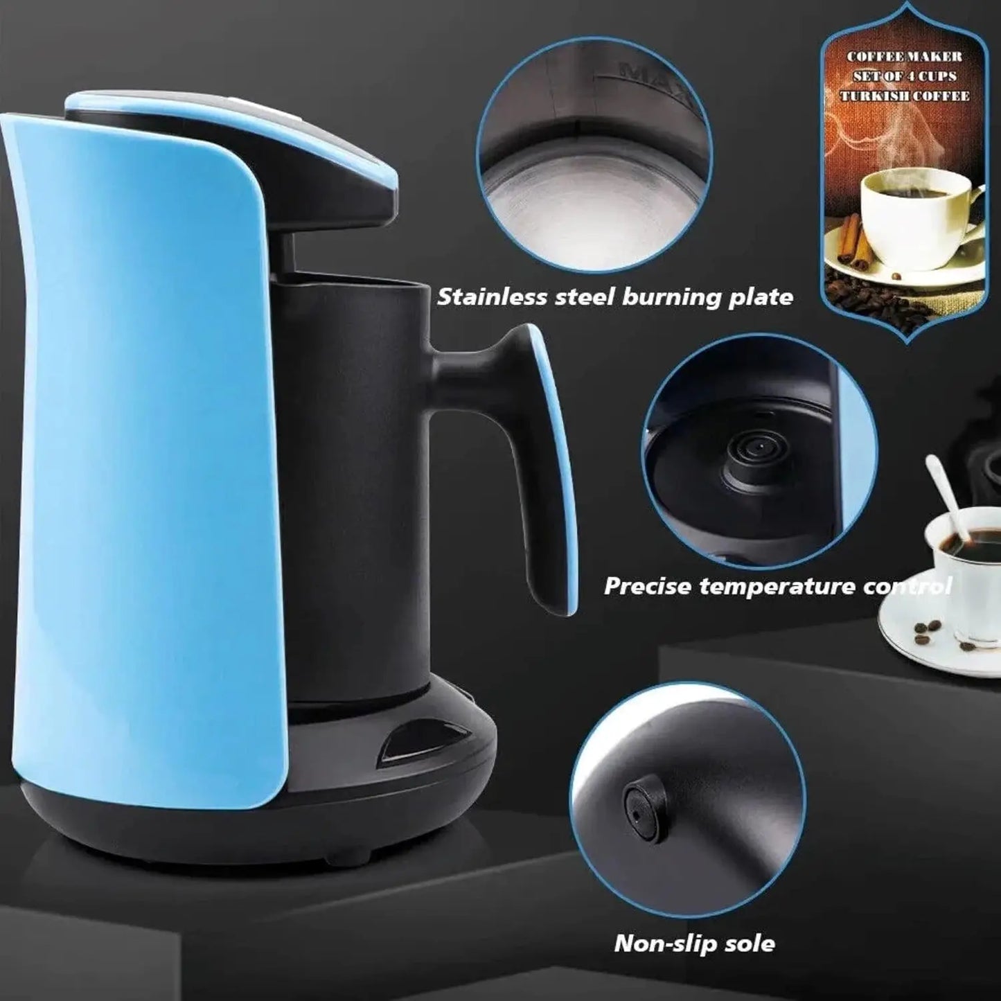 Cafetera turca árabe griega, máquina eléctrica de 110v, enchufe estadounidense, 100% sin BPA, capacidad de elaboración de 1-4 tazas con Cook Sense Tec