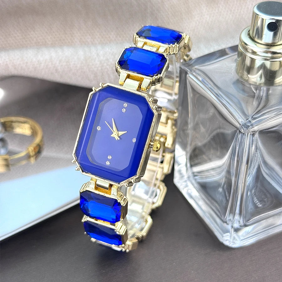 Reloj de mujer de estilo europeo y americano con cadena de diamantes de imitación de sección grande, caja rectangular de color, esfera de diamantes de imitación