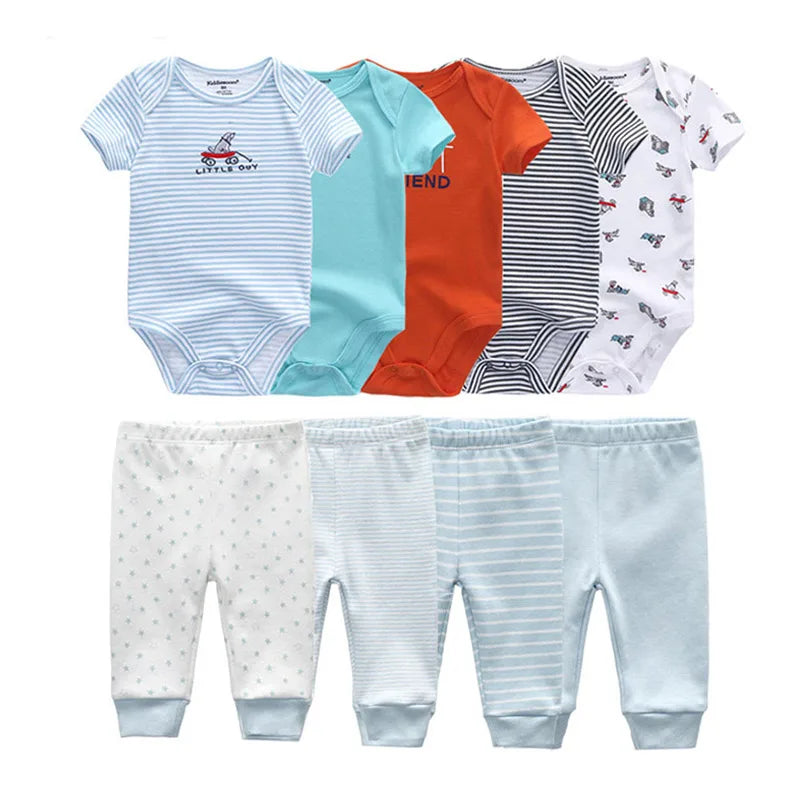 9 unids/lote monos Unisex para recién nacidos + pantalones conjuntos de ropa de algodón de dibujos animados ropa para bebé (niño o niña)