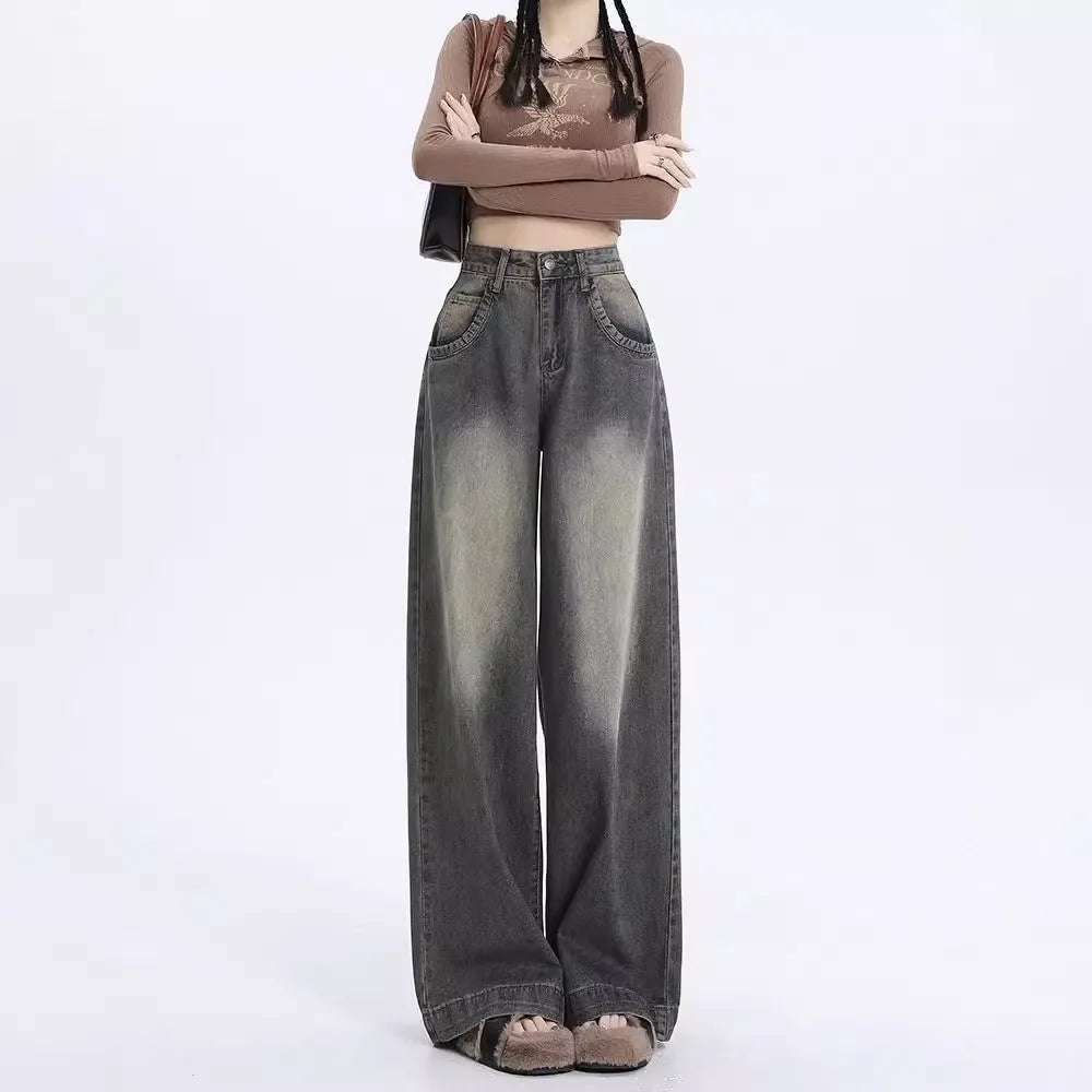 Nueva llegada otoño 2023 pantalones vaqueros de pierna ancha Vintage de cintura alta estilo americano para mujer pantalones vaqueros holgados informales de pierna recta
