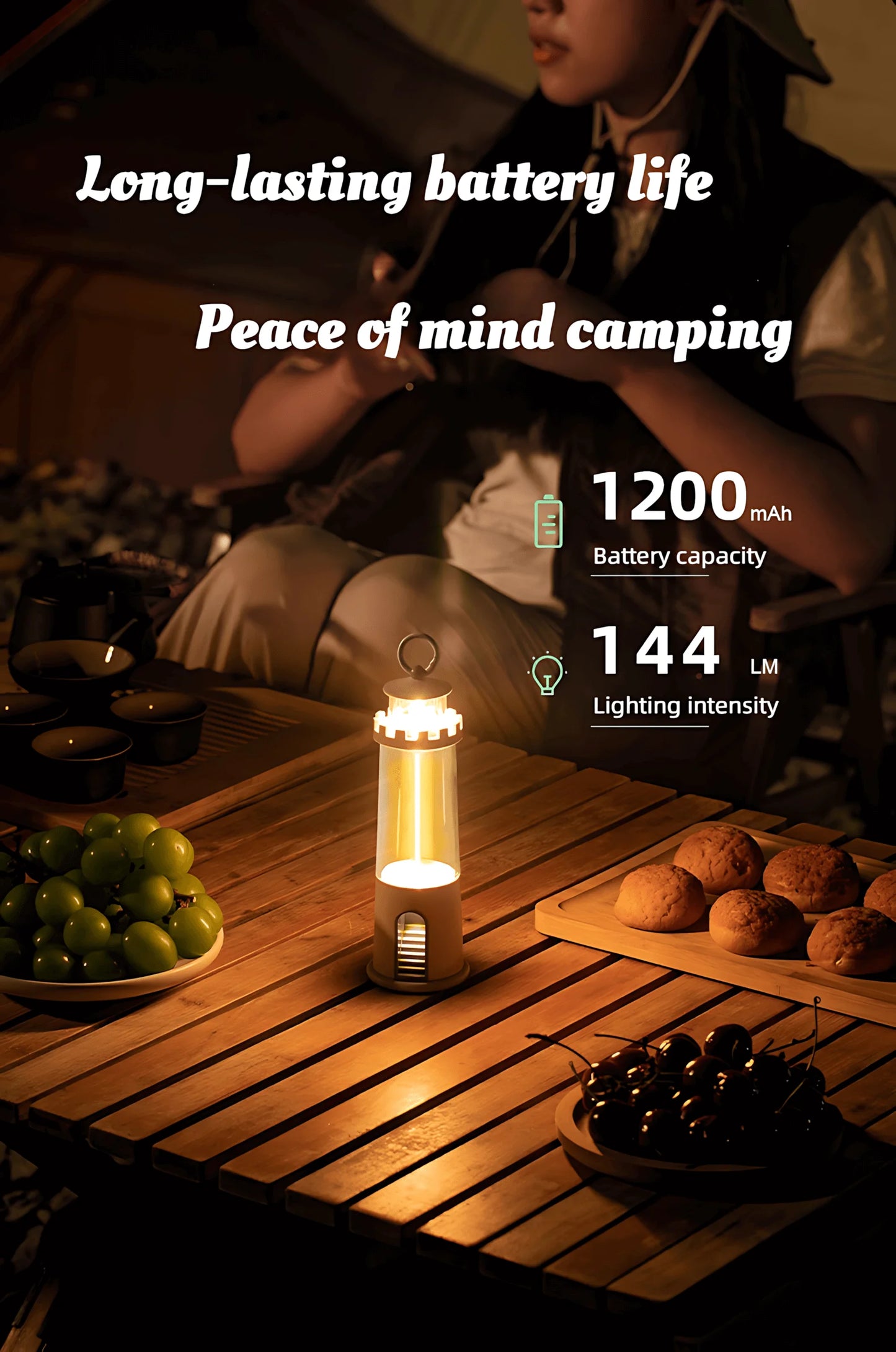 Linterna de Camping Portátil 1200mAh - Recargable USB-C, 3 Modos con Luz de Respiración, Blanco Cálido 2200K para Senderismo/Dormir/Acampada/EDC