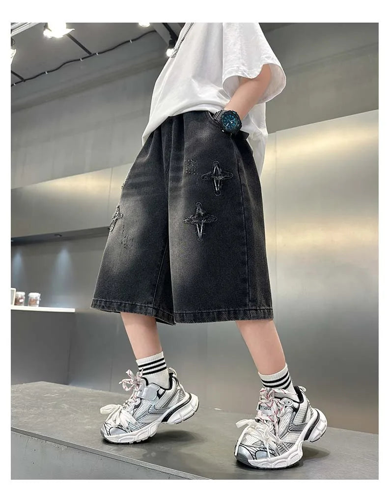 Boy Star Jeans 2025 Verano Nuevo Producto Moda Niños Denim Pantalones medios Pantalones cortos casuales para niños 5-15 años