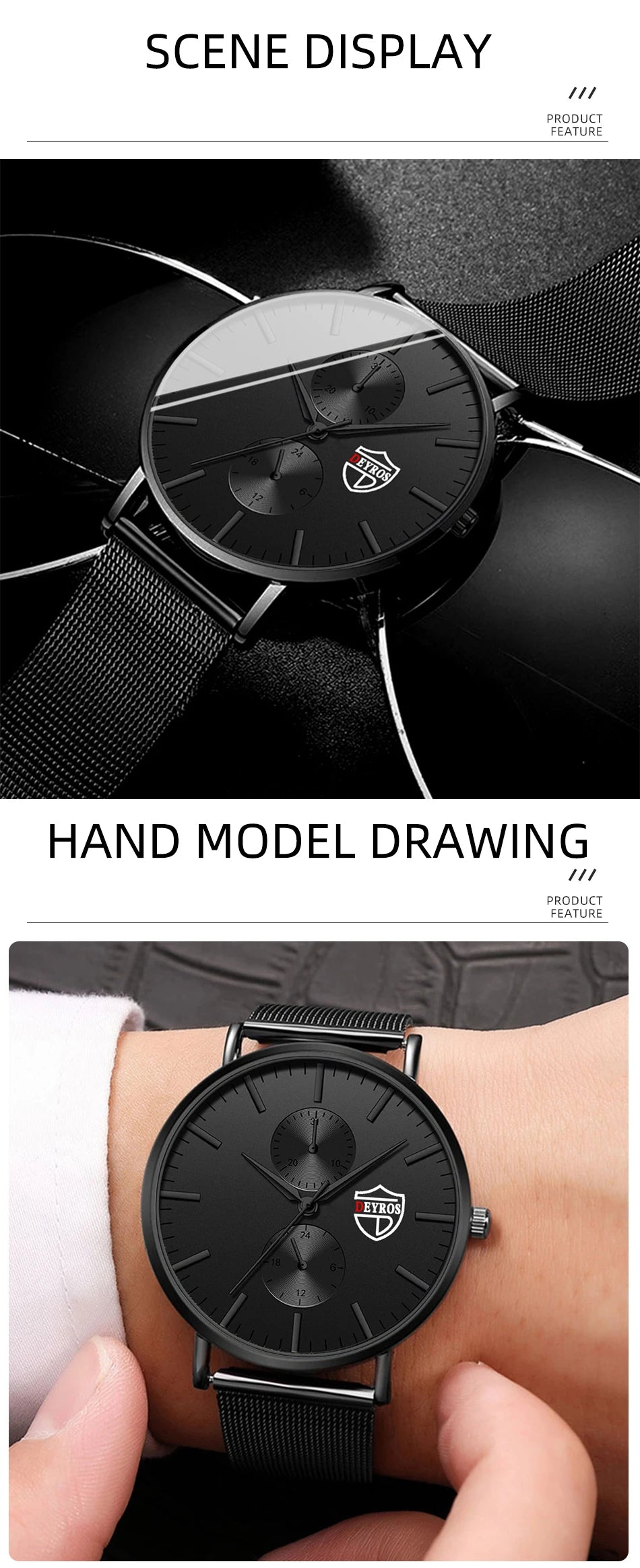Reloj de pulsera de cuarzo de moda ultra fino para hombre reloj de pulsera de cuarzo de lujo negro de malla de acero inoxidable reloj de hombre