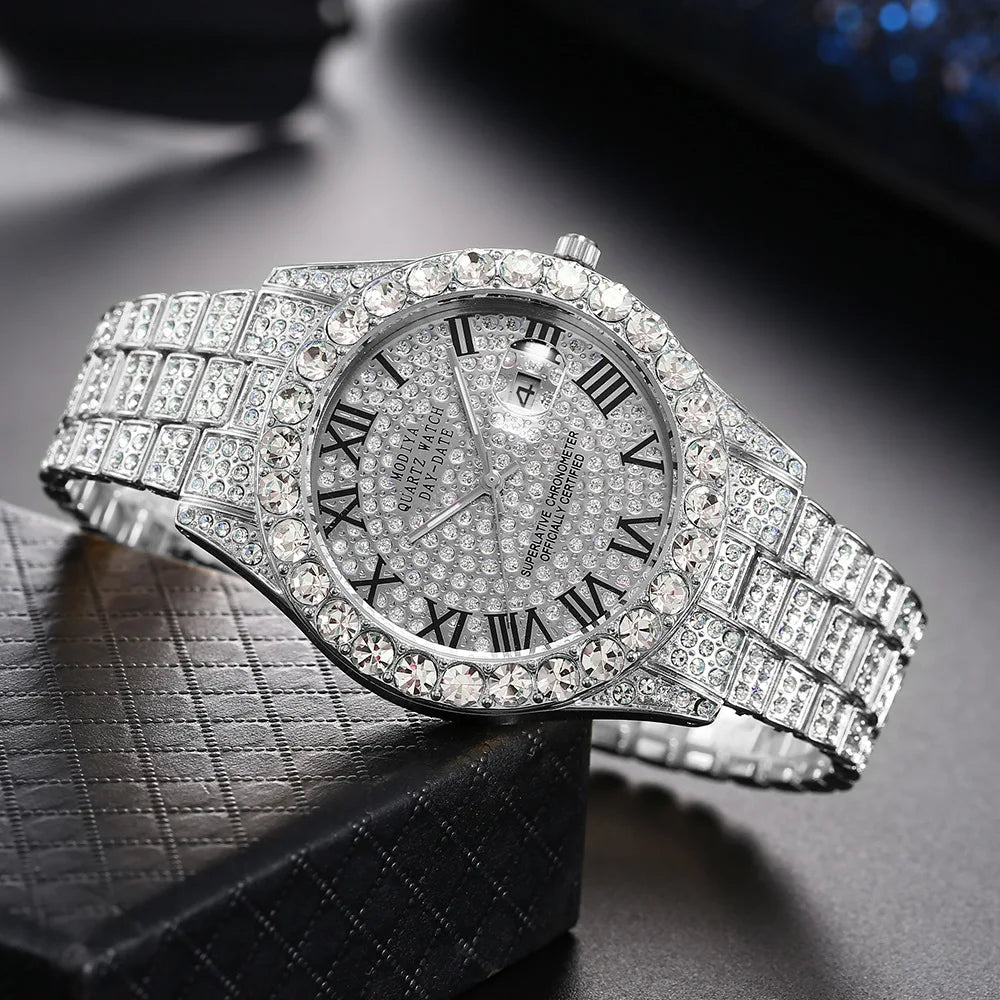Reloj de cuarzo con correa de acero dorado para hombre, cronógrafo clásico de lujo, con calendario de diamantes de imitación, a la moda