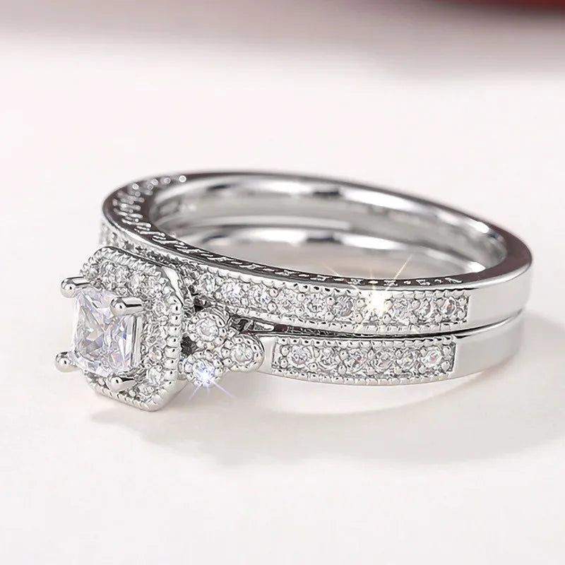 Conjunto de anillos de Plata de Ley 925 para mujer, 2 uds., accesorios de boda de circón cúbico de lujo, joyería femenina elegante con temperamento