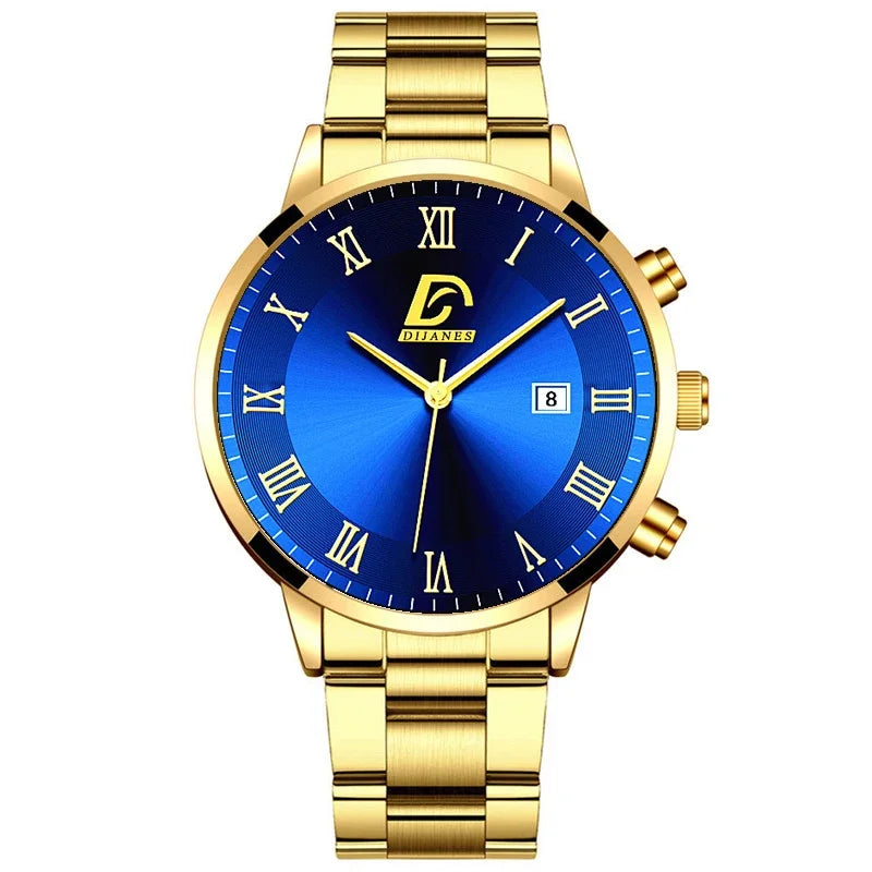 Relojes de acero inoxidable dorados a la moda para Hombre, Reloj de pulsera de cuarzo minimalista de lujo, Reloj con calendario informal de negocios para Hombre