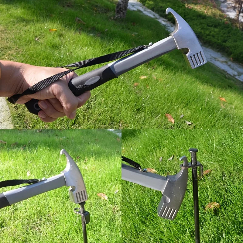 Martillo multiusos para acampar de alta resistencia con removedor de postes de tienda y cinturón de agarre de seguridad, herramientas esenciales para acampar y hacer senderismo al aire libre