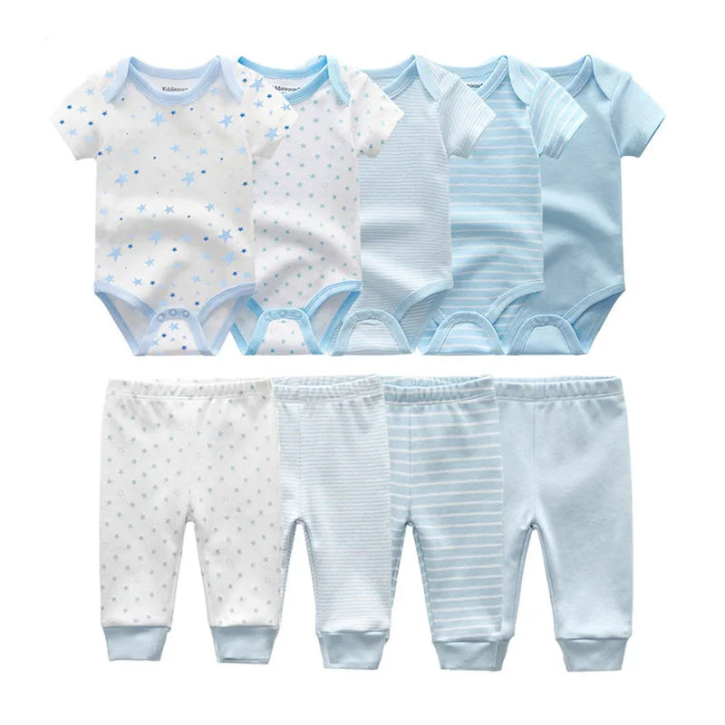 9 unids/lote monos Unisex para recién nacidos + pantalones conjuntos de ropa de algodón de dibujos animados ropa para bebé (niño o niña)