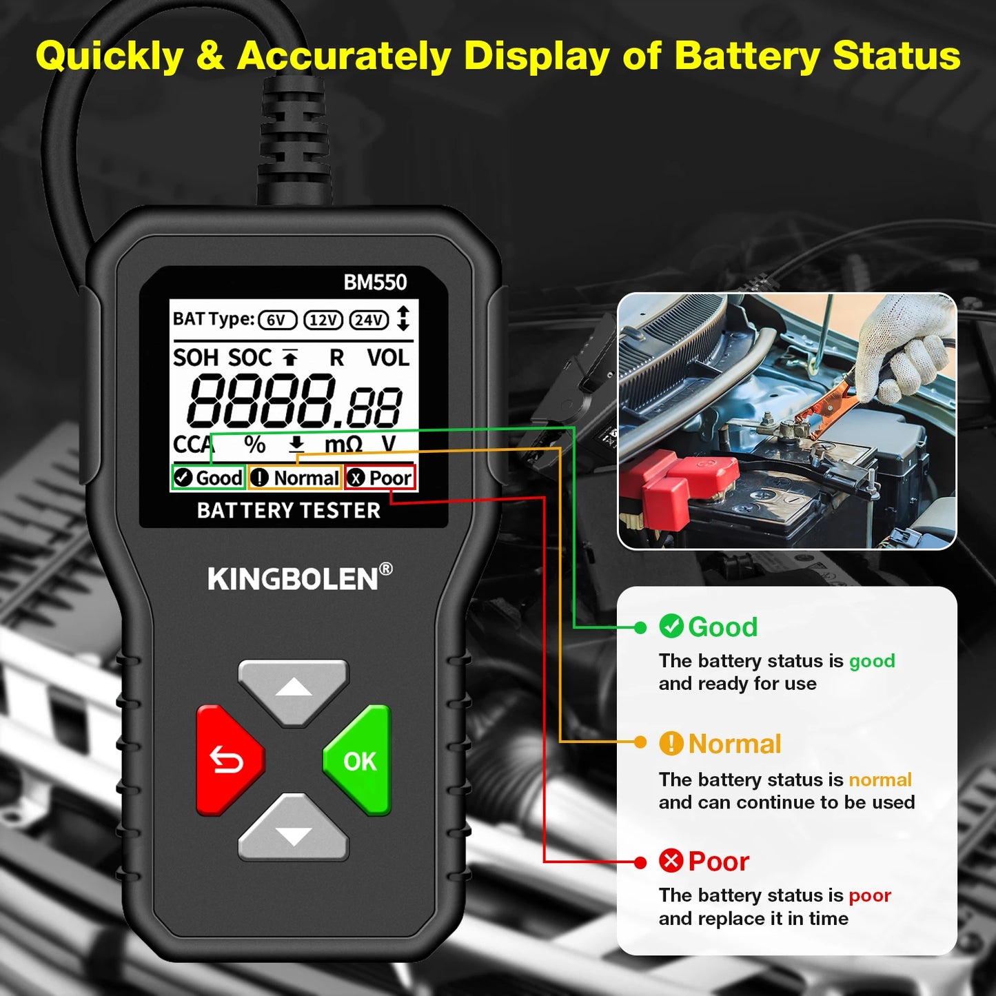 KINGBOLEN BM550, BM550 PLUS probador de baterÃa de coche 6V 12V 24V sistema de baterÃa detectar analizador de baterÃa automático herramienta de baterÃa de coche SOC SOH