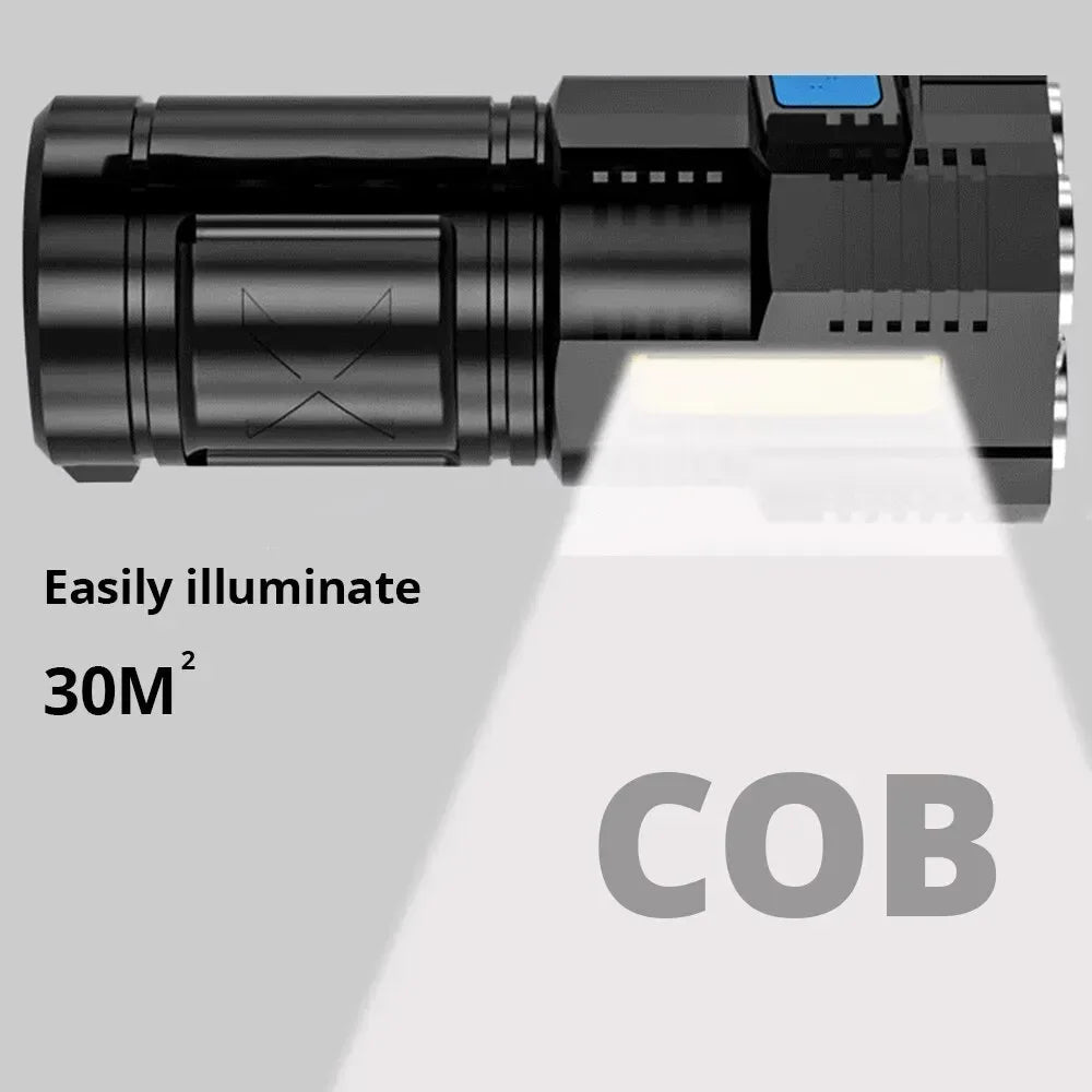 Linterna LED de luz fuerte para acampar, 4 lámparas y luces laterales COB, linterna de mano portátil recargable por USB para exteriores