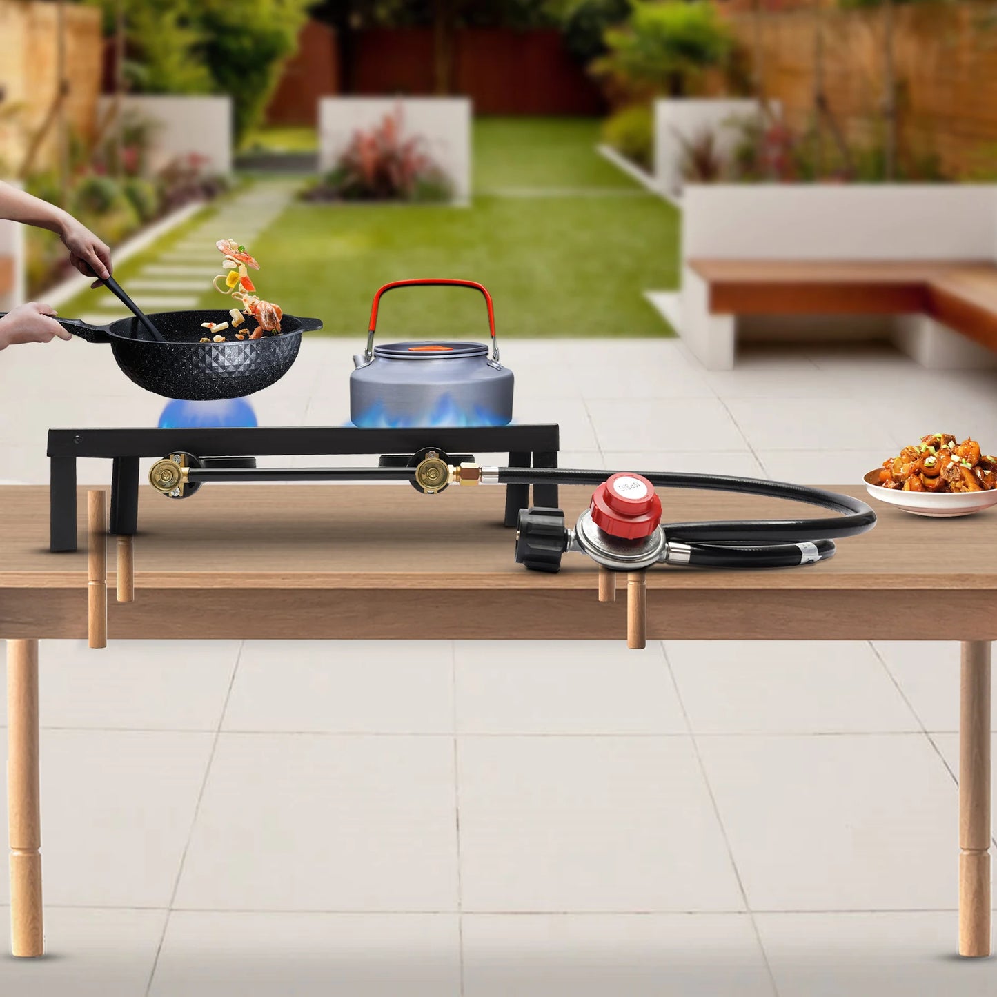 Estufa de gas propano doble para acampar y cocinar al aire libre con manguera reguladora, construcción de hierro duradera 0-10PSI