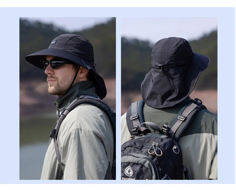 Sombreros de pescador resistentes al agua para hombre, sombrero de cubo de ala ancha transpirable con chal, protección solar UV, senderismo al aire libre, pesca, Verano