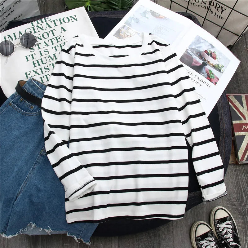 1 pieza primavera y otoño invierno Top a rayas negras con estilo extranjero Ins camisa inferior mujer Camiseta de manga larga