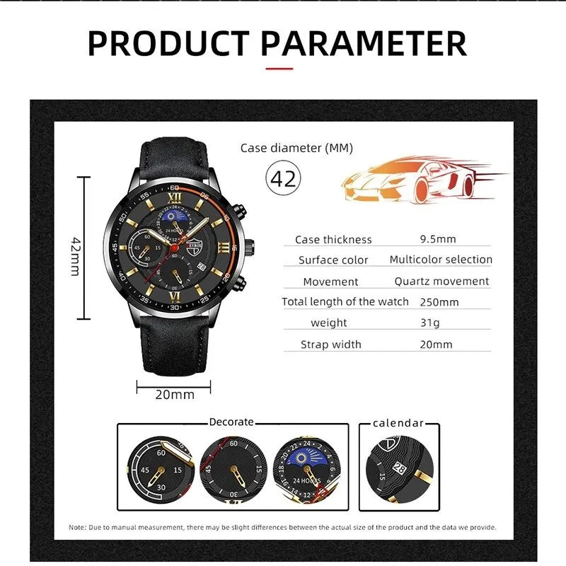 Conjunto de 2 piezas de relojes deportivos de moda para hombre, pulsera de cuero de negocios, reloj de cuarzo informal para hombre, reloj luminoso de lujo para hombre