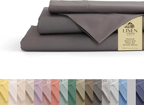 Sábanas de percal 100% algodón tamaño Queen, crema, bolsillo profundo, juego de 4 piezas: 1 sábana bajera plana, 1 bolsillo profundo y 2 fundas de almohada,