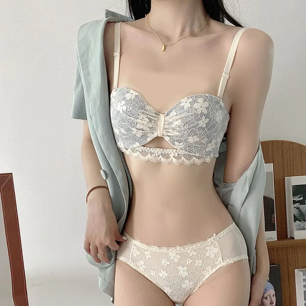 Sujetador inalámbrico de malla ajustado para mujer, sujetador antiflacidez de encaje Floral dulce con escote en V profundo, lencería con pechos recogidos, regalos