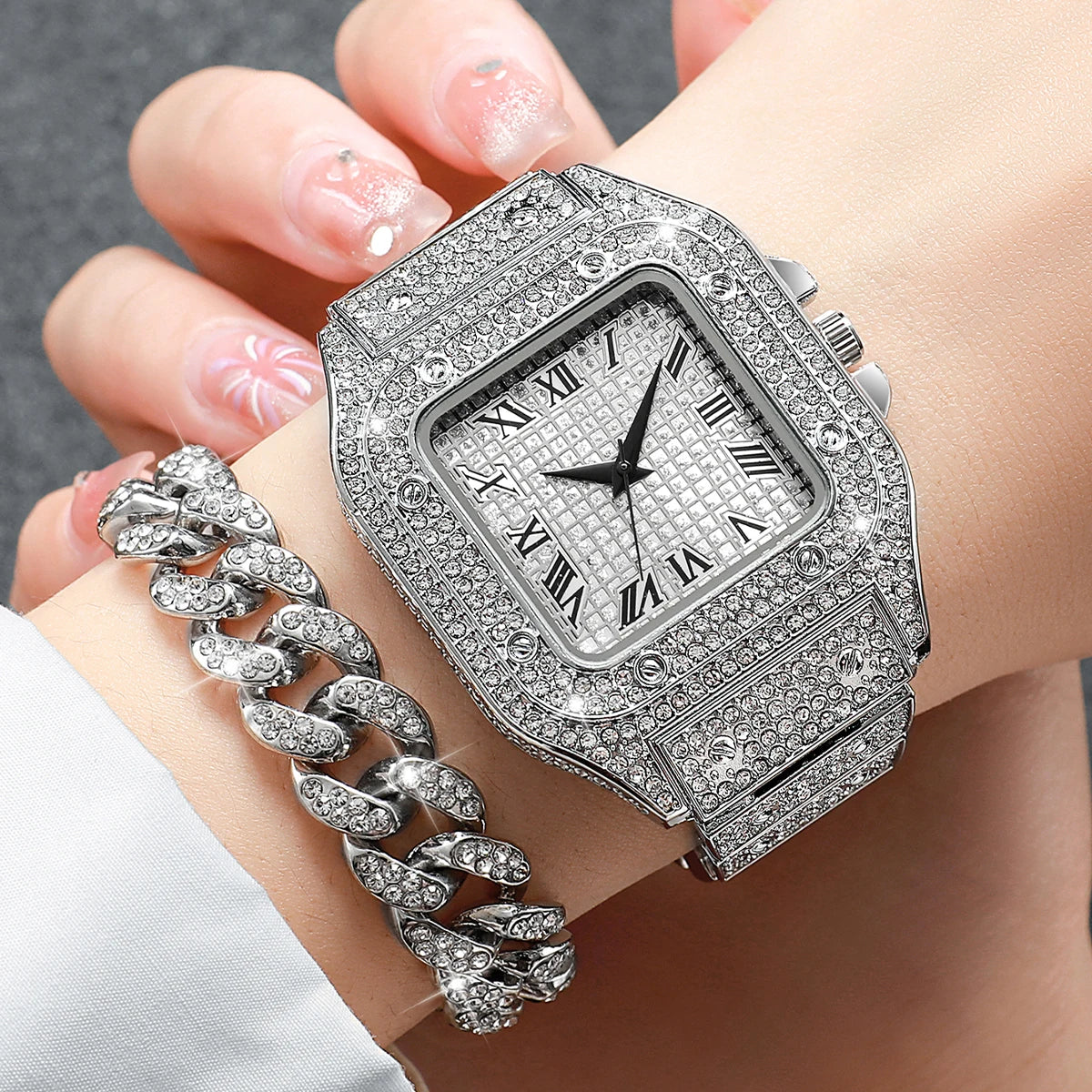 Reloj de pulsera de cuarzo para hombre y mujer, pulsera de acero inoxidable plateado con diamantes de moda, conjunto de 2 unidades