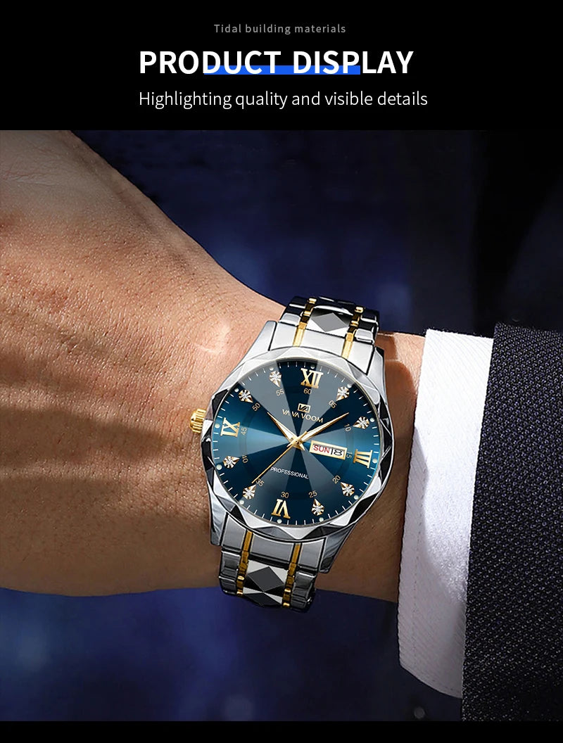 Reloj para hombre con diamantes de agua, lujo, brillo nocturno, doble calendario, movimiento de cuarzo, 41mm, oro azul, acero inoxidable, reloj de negocios de moda