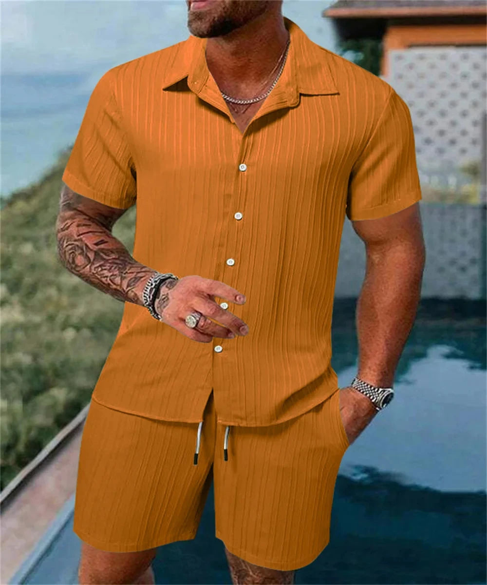 Pantalones cortos sueltos de manga corta para hombre, traje deportivo a rayas, Top informal de Fitness, pantalones cortos de playa, tendencia de moda de verano